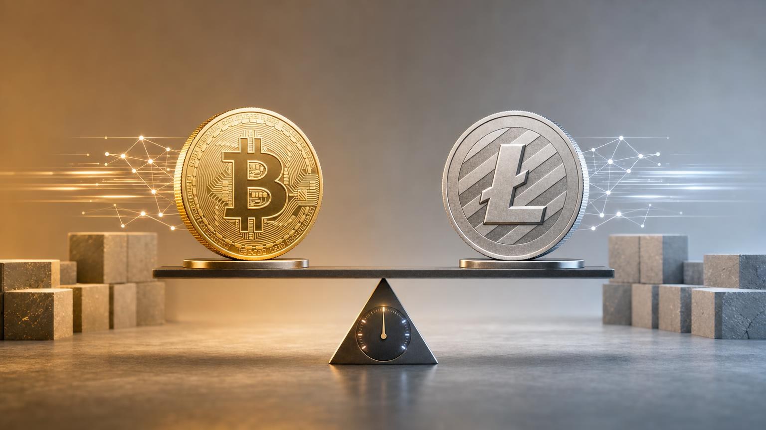 Bitcoin and Litecoin coins beside a transaction dashboard comparing confirmation speed, network fees, and exchange constraints